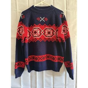 Vintage Carson Pirie Scott Mens Christmas Sweater Red Blue Faire Isle L EUC 80s